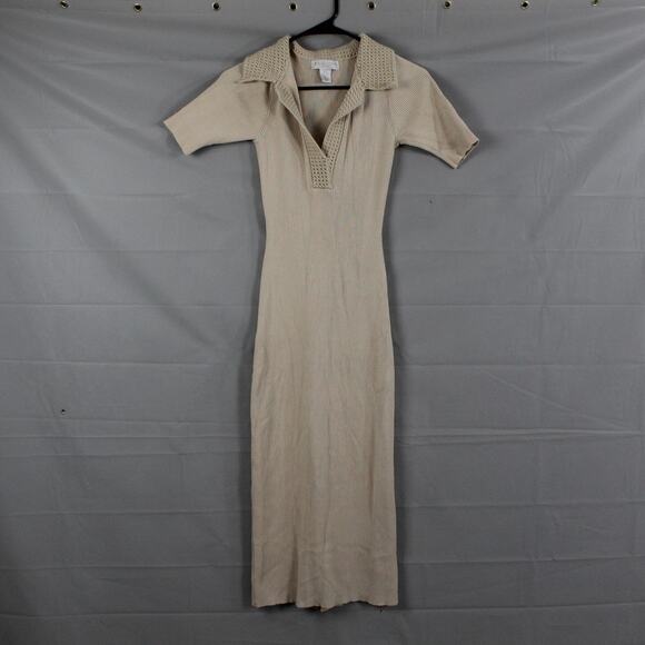 Caroline Constas Dress Small Ribbed Knit Crochet Collar Midi Bodycon Beige Chic - Picture 2 of 11